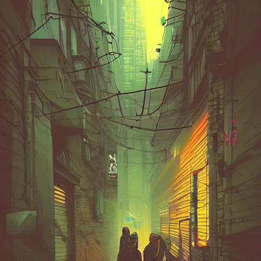 Prompt: a busy alley in cyberpunk warsaw, dystopian, ethereal lighting, night time, haze, josan gonzales