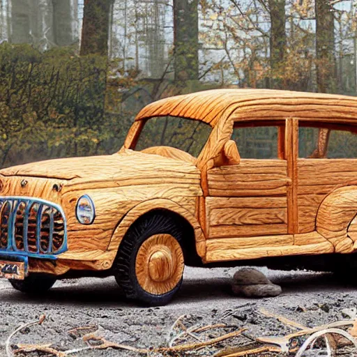 Image similar to russian car made out of wood, 4k, Hyperrealistic photo, Exquisite detail