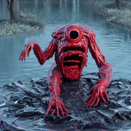 Prompt: the ghastly amorphous plastic monster rising uncontrollably out of an artificial swamp made of molten plastic, the monster looks like a garbage bag, cgsociety, high detailed, photo of the year 2 0 2 2