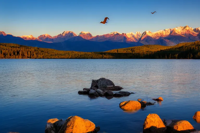 Prompt: beautiful landscape photo of a lake with mountains in the background, dusk, two cranes flying across the sun, sun rays hitting the pebbles in the foreground and the lake, 35mm, low angle, rule of thirds