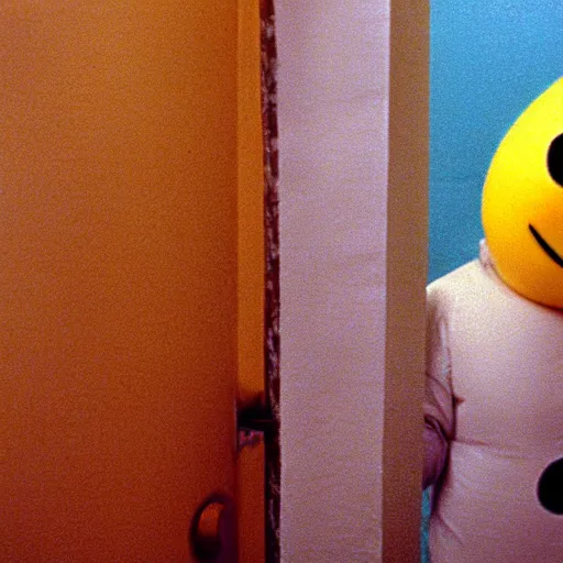 Image similar to still from a 1994 arthouse film about a depressed woman dressed as an inflatable smiley who meets a handsome younger man in a seedy motel room, color film, 16mm soft light, weird art on the wall