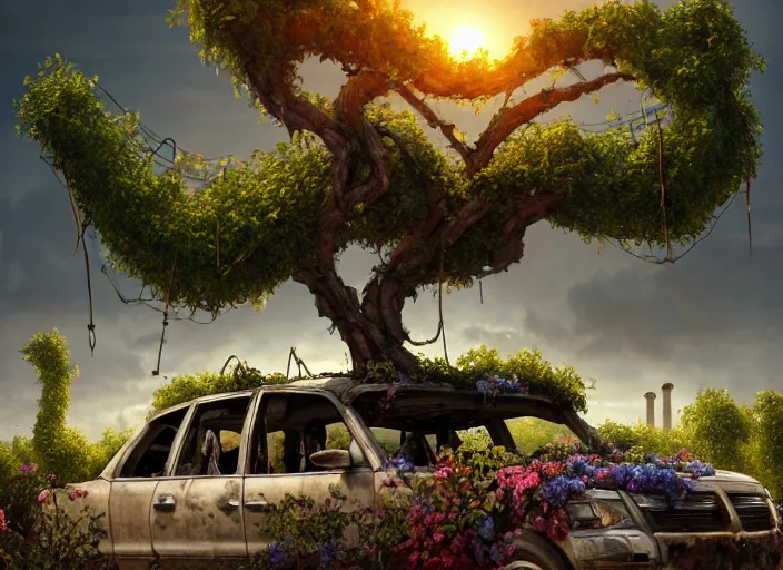 Image similar to a tree growing on a scrap car in ancient greek ruins, gray wasteland, many scrap cars, overgrown, pillars and arches, colorful flowers, vines, hyperrealistic, highly detailed, cinematic, ray of golden sunlight, beautiful, cgsociety, artstation, 8 k, pixar style by tristan eaton, artgerm, tom bagshaw