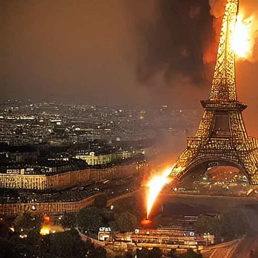 Image similar to the eiffel tower on fire and exploding, still