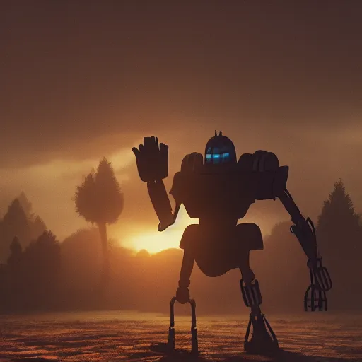 Image similar to The Iron Giant wandering a junkyard, mysterious, Octane Render, Raytracing, 135mm camera lens, moody lighting, dark