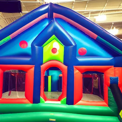 Image similar to a darkly lit indoor playplace bounce house photo taken with a deposable camera, limital space