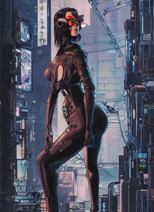 Image similar to selina tanaka. cyberpunk geisha in tactical harness and jumpsuit. dystopian. portrait by stonehouse and mœbius and will eisner and gil elvgren and pixar. realistic proportions. cyberpunk 2 0 7 7, apex, blade runner 2 0 4 9 concept art. cel shading. attractive face. thick lines. moody industrial landscape.