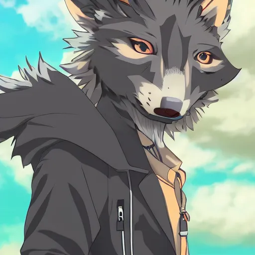 Image similar to key anime visual portrait of an anthropomorphic anthro wolf fursona, in a jacket, with handsome eyes, official modern anime art