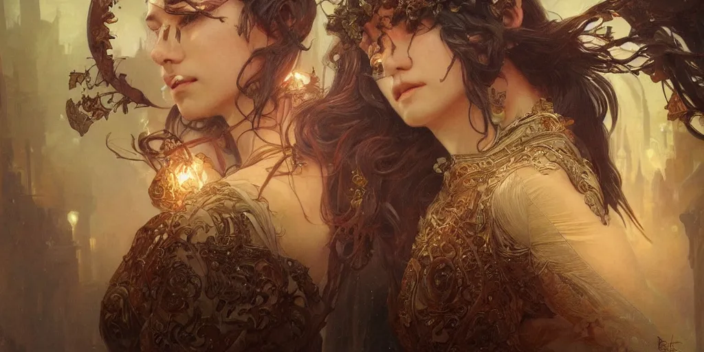 Image similar to epic portrait an festival happening in nightime of venice, intricate, full frontal shot, highly detailed, digital painting, artstation, concept art, sharp focus, illustration, art by artgerm and greg rutkowski and alphonse mucha