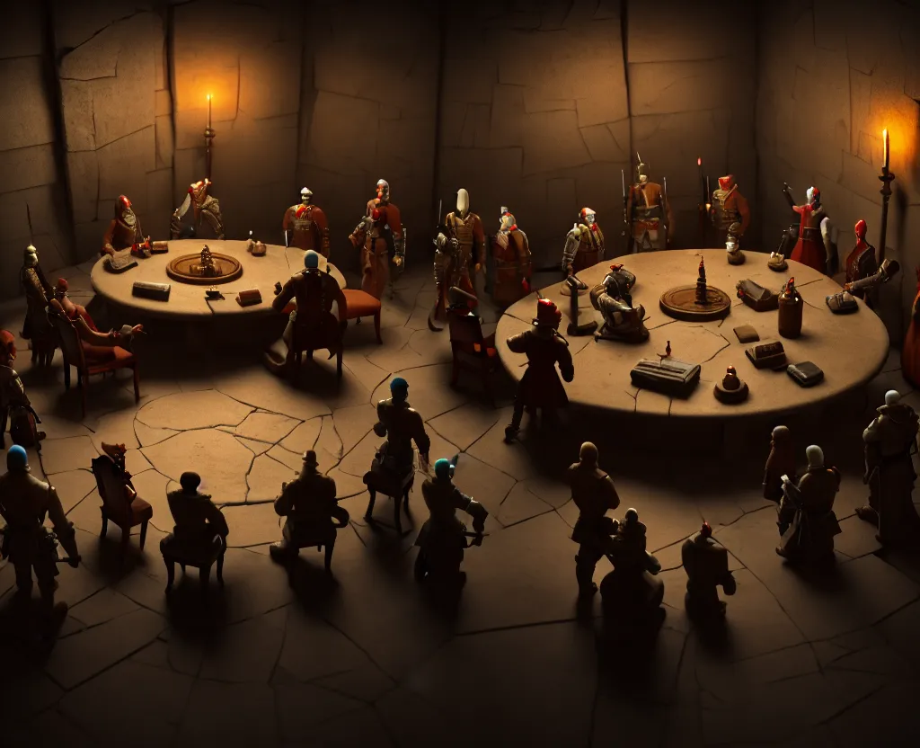 Image similar to the forbidden underground meetings of the traitors, a dimly lit stone room, some old chairs, all traitors are standing around a roundtable debating how to kill the king, cinematic landscape, betrayal in the air, octane render, artstation