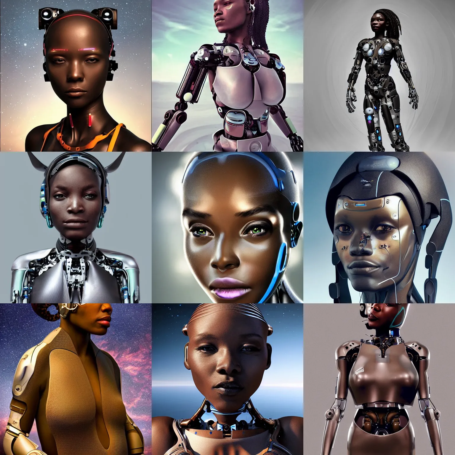 Prompt: beautiful futuristic himba cyborg woman, robotic arms, weightless in space, hyperrealistic, scifi, concept art, photograph, portrait