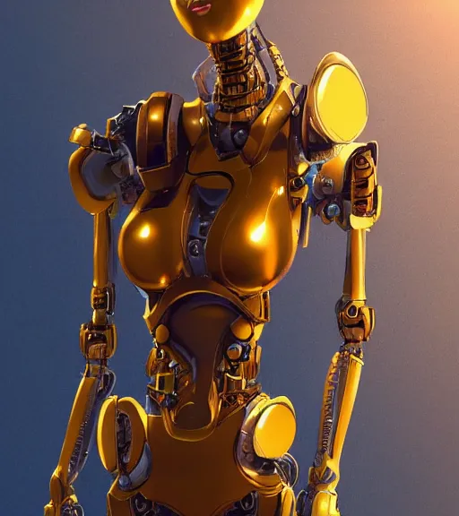 Image similar to a robot wearing a golden dress, full body shot, highly detailed, digital painting, artstation, concept art, smooth, sharp focus, illustration