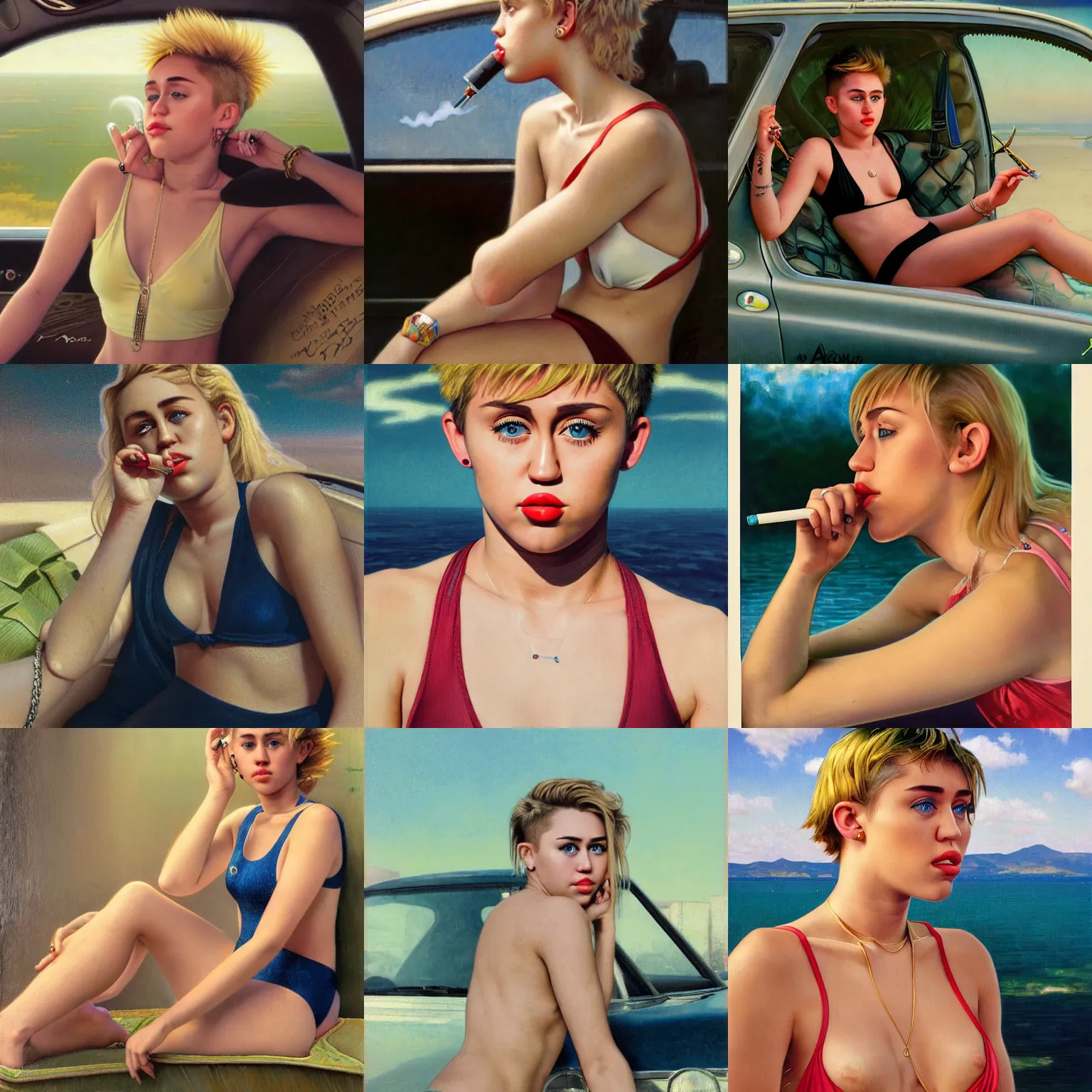 Prompt: portrait of 2 0 years old miley cyrus in swimsuit sitting in a car smoking weed, intricate, hyperdetailed, photorealistic, diffuse lighting, hdrp, artstation, unreal 5, smooth, textless, sharp focus, art by john collier, albert aublet, krenz cushart, artem demura, alphonse mucha