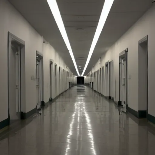 Prompt: endless hospital hallways lit by cold fluorescent lights, eerie, liminal, the back rooms, the outer church