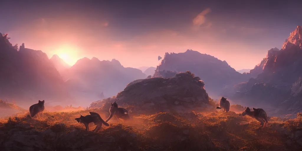 Prompt: troops of cats over the mountains in the sunset, superwide angle, redscale photography, light through the mist, dramatic lighting, photorealistic, cinematic lighting, high detail, cinematic feel, high octane, 4K, Unreal Engine, digital render, intricate, ultra realistic, concept art