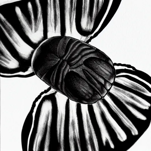 Image similar to beetle, black and white, botanical illustration, black ink on white paper, bold lines