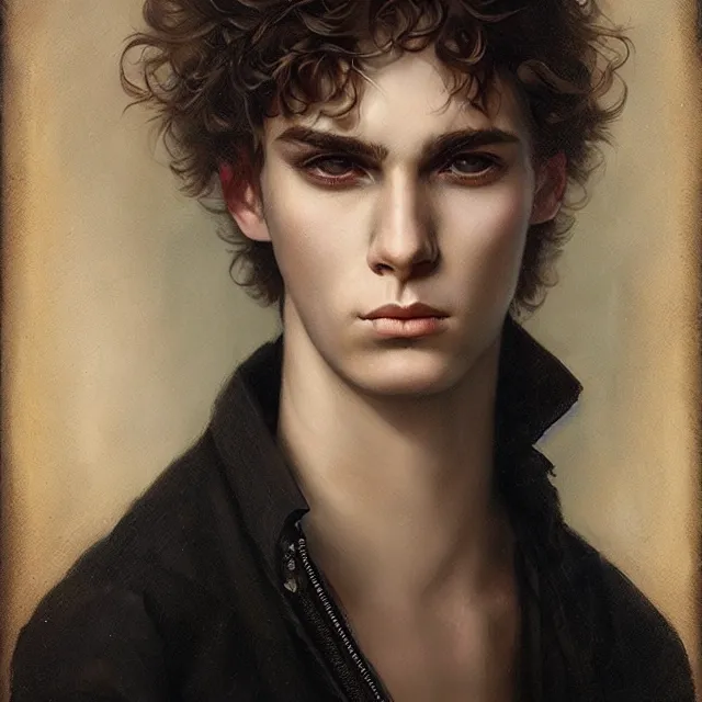 Image similar to a portrait of an intense young man with short brown hair and empathic eyes, art by tom bagshaw and manuel sanjulian