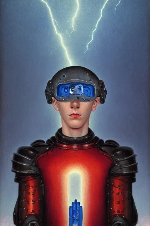 Prompt: portrait of beautiful gothic and futuristic young man, warhammer, cyber armor, a lot of scars, thunderstorm, blue head, red eyes, the middle ages, highly detailed, artstation, illustration, more and more compostion, 8 k quality, art by rene magritte, jean delville