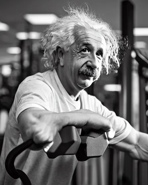 Image similar to a portrait of albert einstein working out at the gym, highly detailed, trending on artstation, bokeh, 9 0 mm, f / 1. 4