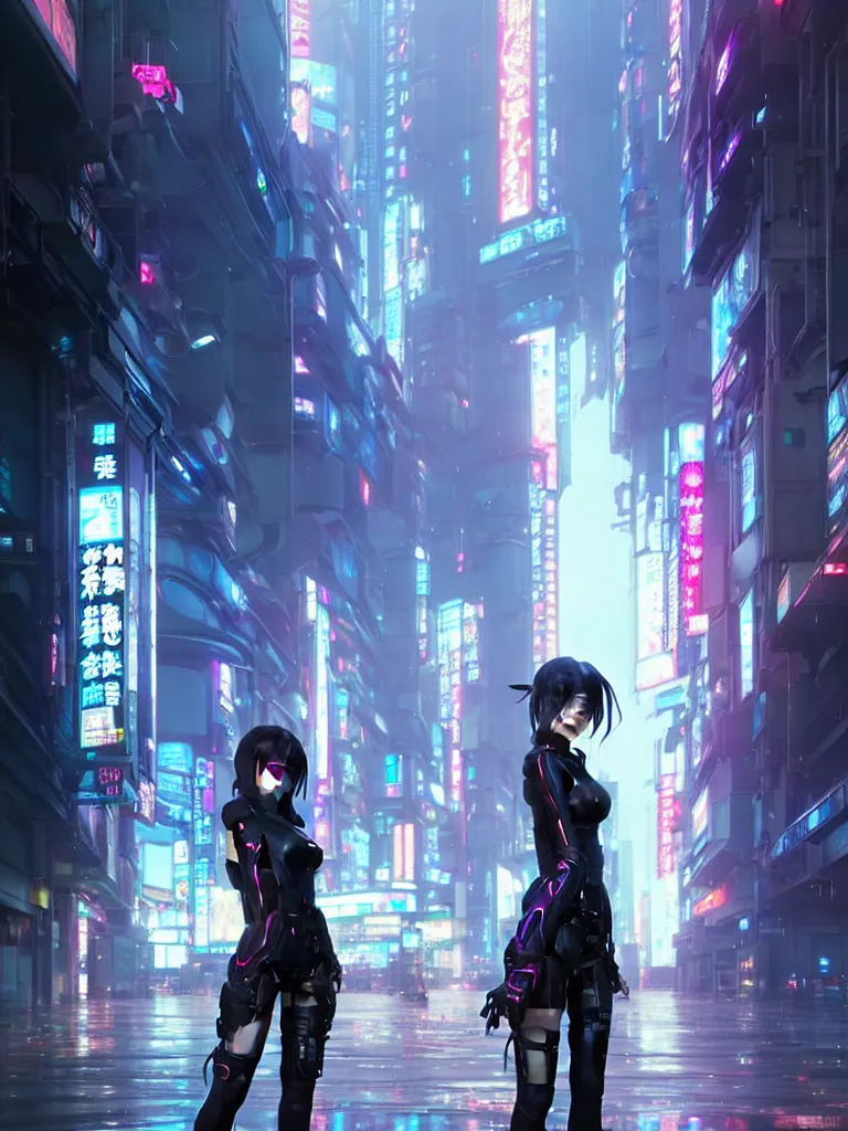 Image similar to Beautiful full body portrait of beautiful cyberpunk anime woman by Greg Rutkowski and Krenz Cushart and Pan_Ren_Wei and Hongkun_st and Bo Chen and Enze Fu and WLOP and Alex Chow, Madhouse Inc., anime style, crepuscular rays, set in rainy futuristic cyberpunk Tokyo street, dapped light, dark fantasy, feminine figure, smooth skin, gorgeous, pretty face, beautiful fashion model body, high detail, hyper realistic, cgsociety, trending on artstation