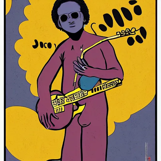 Image similar to miles davis in the style of daniel johnston and ghanian film poster, 4k