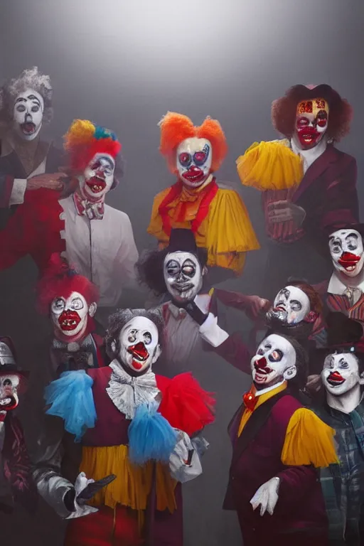 Image similar to a group of men dressed as clowns standing in front of a tv screen in a dark foggy alley, highly detailed, trending on artstation