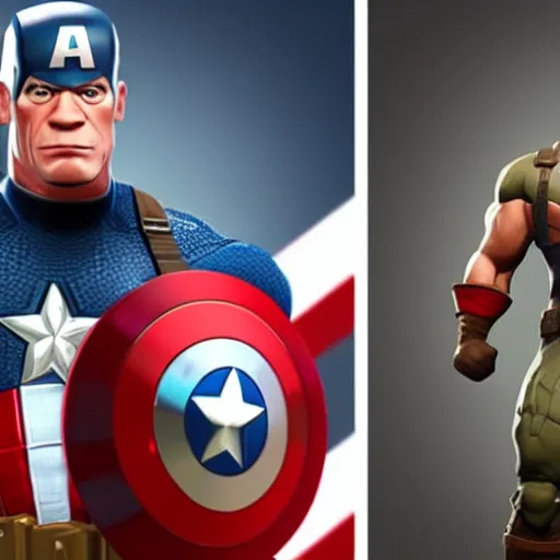 Image similar to John Cena wearing captain America's uniform, as a Fortnite character, cinematic, detailed