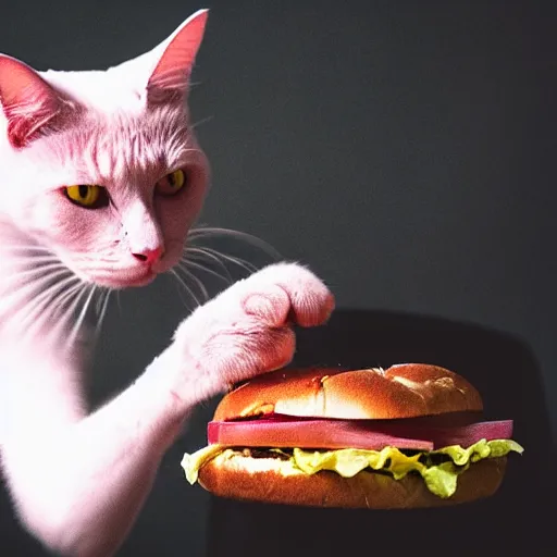 Image similar to photo of a pink cat eating a hamburger