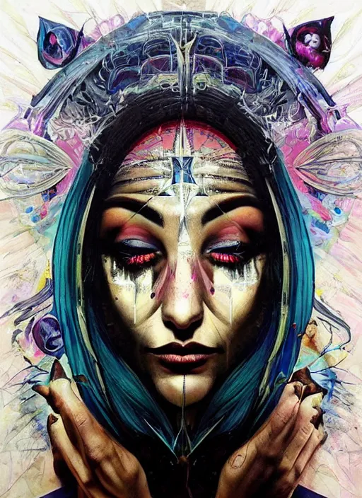 Image similar to gorgeous magic cult psychic woman smiling, third eye, energetic consciousness psychedelic, epic surrealism expressionism symbolism, story telling, iconic, dark robed, oil painting, symmetrical face, dark myth mythos, by Sandra Chevrier , H R Giger, masterpiece