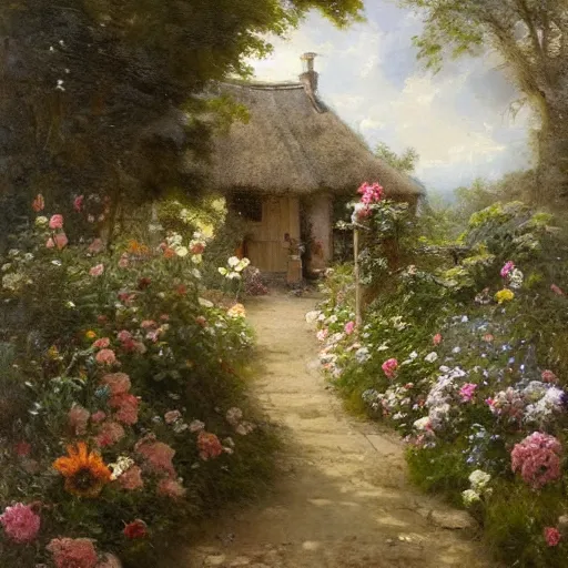 Prompt: Jean-Baptiste Monge and Solomon Joseph Solomon and Richard Schmid and Jeremy Lipking victorian genre painting portrait painting of an english country cottage with a stone path and flower garden