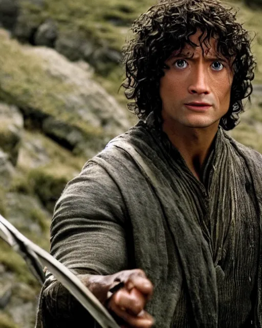 Image similar to film still close up shot of dwayne johnson as frodo baggins in the movie the lord of the rings. photographic, photography