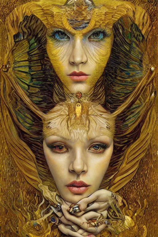 Image similar to Metamorphosis by Karol Bak, Jean Deville, Gustav Klimt, and Vincent Van Gogh, transformation portrait, chimera, visionary, cicada wings, otherworldly, fractal structures, ornate gilded medieval icon, third eye, hybrid, dynamic, change, spirals, horizontal symmetry