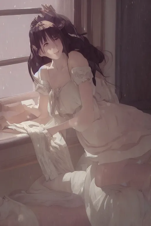 Prompt: a girl in a maid's outfit in the bedroom a night, raining outside the window, wavy white long hair, by krenz cushart and mucha and akihito yoshida and greg rutkowski and makoto shinkai, detailed eyes, 4 k resolution