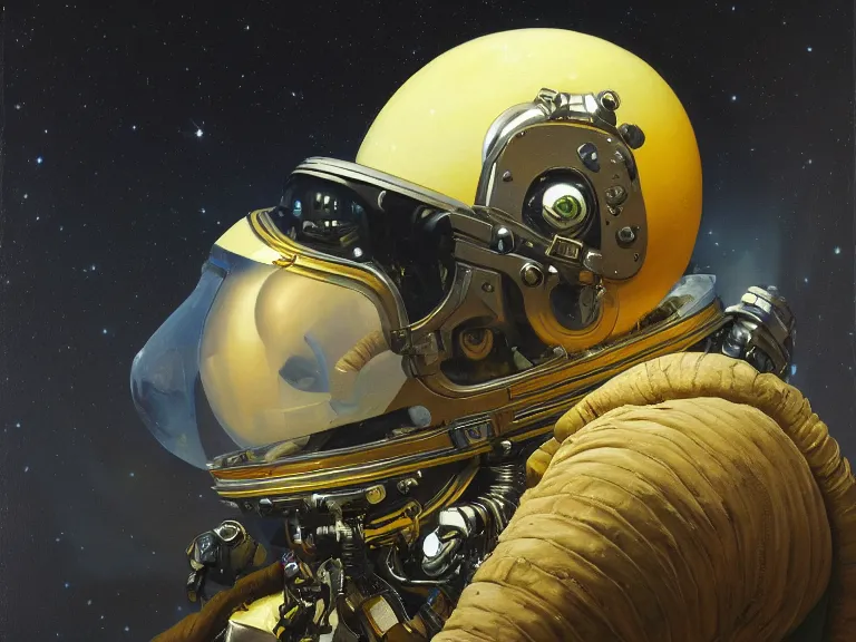 Image similar to a detailed profile oil painting of pilot in a spacesuit with reflective visor, flight suit, portrait symmetrical and science fiction theme with aurora lighting by beksinski carl spitzweg and tuomas korpi. baroque elements, full-length view. baroque element. intricate artwork by caravaggio. Trending on artstation. 8k