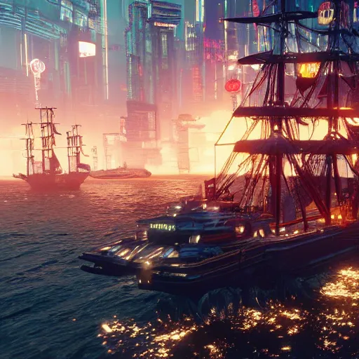 Prompt: a pirate ship pulls into the port of night city cyberpunk 2077