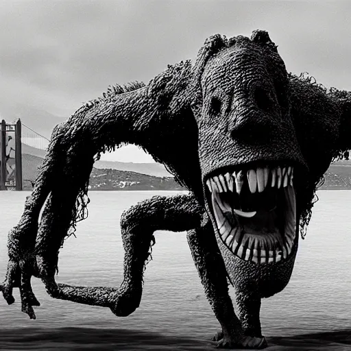 Prompt: 1 9 7 0 s, movie still frame, black and white, photorealistic highly detailed, 8 k, sit - com, body - horror, chtulhu monster emerges in san francisco bay