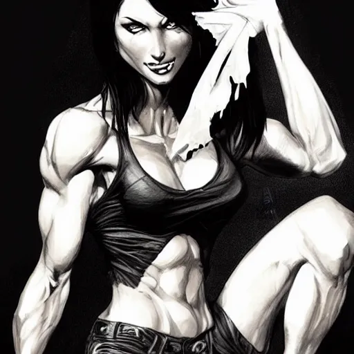 Prompt: a black haired woman in a black tank top, muscular upper body, abs, d & d, fantasy, intricate, elegant, highly detailed, digital painting, artstation, concept art, smooth, sharp focus, illustration, art by mike deodato