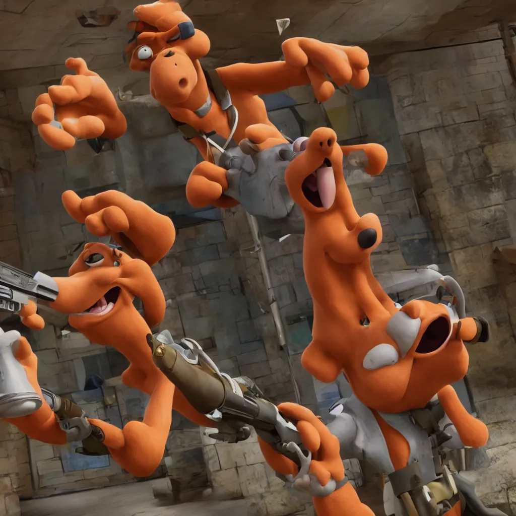 Image similar to scooby doo holding a shotgun in his mouth, unreal engine, 4 k, ray - tracing,