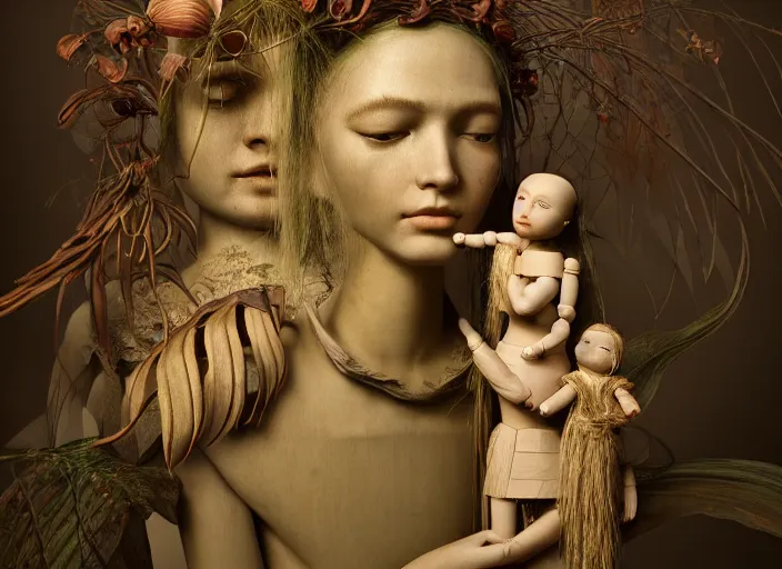 Image similar to a cinematic portrait of a beautiful female jointed handmade wooden doll, holding each other, abandoned, surrounded by big moths and withered lilies, by james c. christensen, by tomasz alen kopera, by raphael, 8 k, rendered in octane, cinematic, 3 d, volumetric lighting, highly detailed