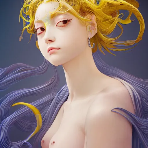 Image similar to the portrait of a sensual lemon that resembles an absurdly beautiful, graceful, elegant gravure idol with her arms covering her chest, an ultrafine hyperdetailed illustration by kim jung gi, irakli nadar, intricate linework, bright colors, octopath traveler, final fantasy, unreal engine 5 highly rendered, global illumination, radiant light, detailed and intricate environment