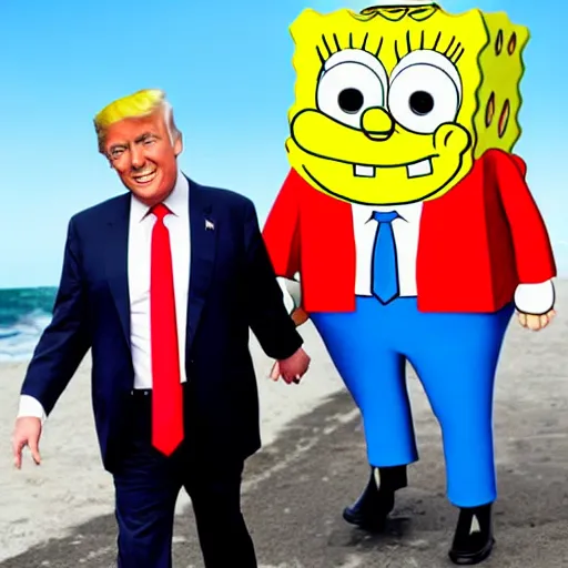 Prompt: spongebob style spongebob and donald trump happily walking hand in hand