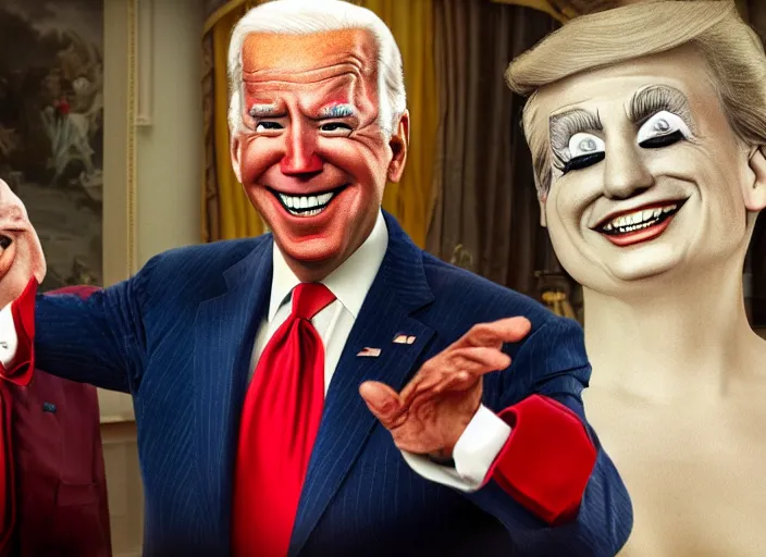 Image similar to Beautiful art portrait of Joe Biden acting as Clown buffoon in the Whitehouse with Donald Trump laughing in the background, unreal 5, DAZ, hyperrealistic, octane render dynamic lighting, vray