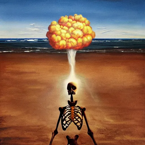 Prompt: a skeleton walking on a beach next to the ocean with nuclear bomb explosion in the background, a naturalism painting by Storm Thorgerson, featured on cg society, matte painting, realistic, chillwave, anatomically correct, light colors, photo-realistic huge mushroom-cloud, skull, hands