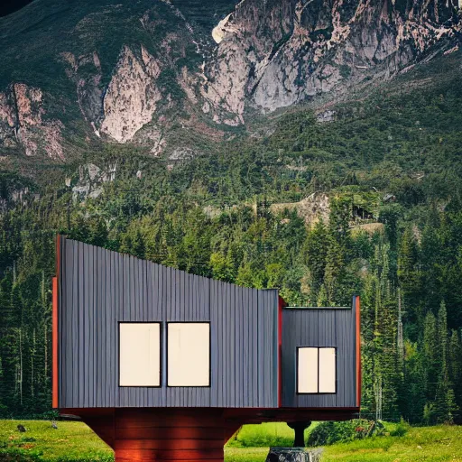 Image similar to wes anderson style modern futuristic house near the lake, snowy mountains and green forest, cinematic, realism, photo, detailed