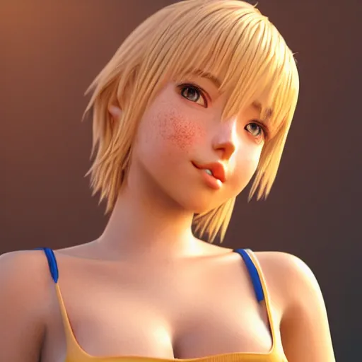 Image similar to Render of a very beautiful 3d anime girl, short blond hair, hazel eyes, cute freckles, full round face, short smile, bikini, golden hour, serene beach setting, medium shot, mid-shot, highly detailed, trending on Artstation, Unreal Engine 4k