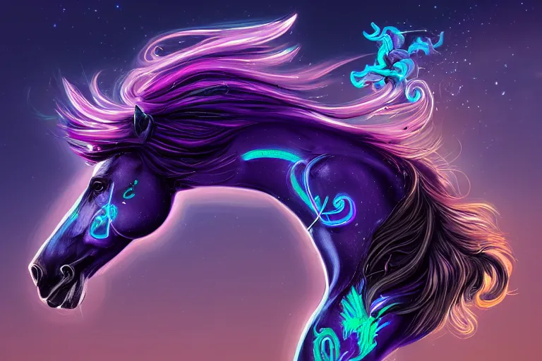 Image similar to a stunning horse with bioluminescent mane and tail running in the clouds by sandra chevrier and greg rutkowski, neon hooves, purple blue color scheme, vaporware, retro, outrun, high key lighting, volumetric light, digital art, highly detailed, fine detail, intricate, ornate, complex, octane render, unreal engine, photorealistic