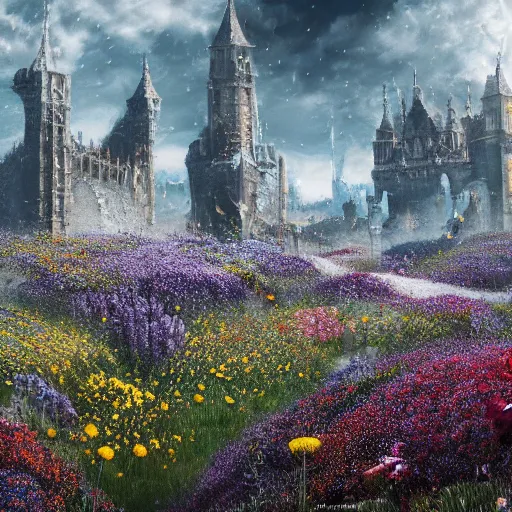 Image similar to puzzle pieces fall from the sky at a field of flowers. darksouls concept art 8k.