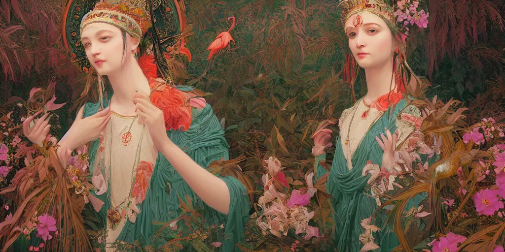 Image similar to breathtaking detailed concept art painting of the goddess of flamingo, orthodox saint, with anxious, piercing eyes, ornate background, amalgamation of leaves and flowers, by Hsiao-Ron Cheng and John James Audubon, extremely moody lighting, 8K