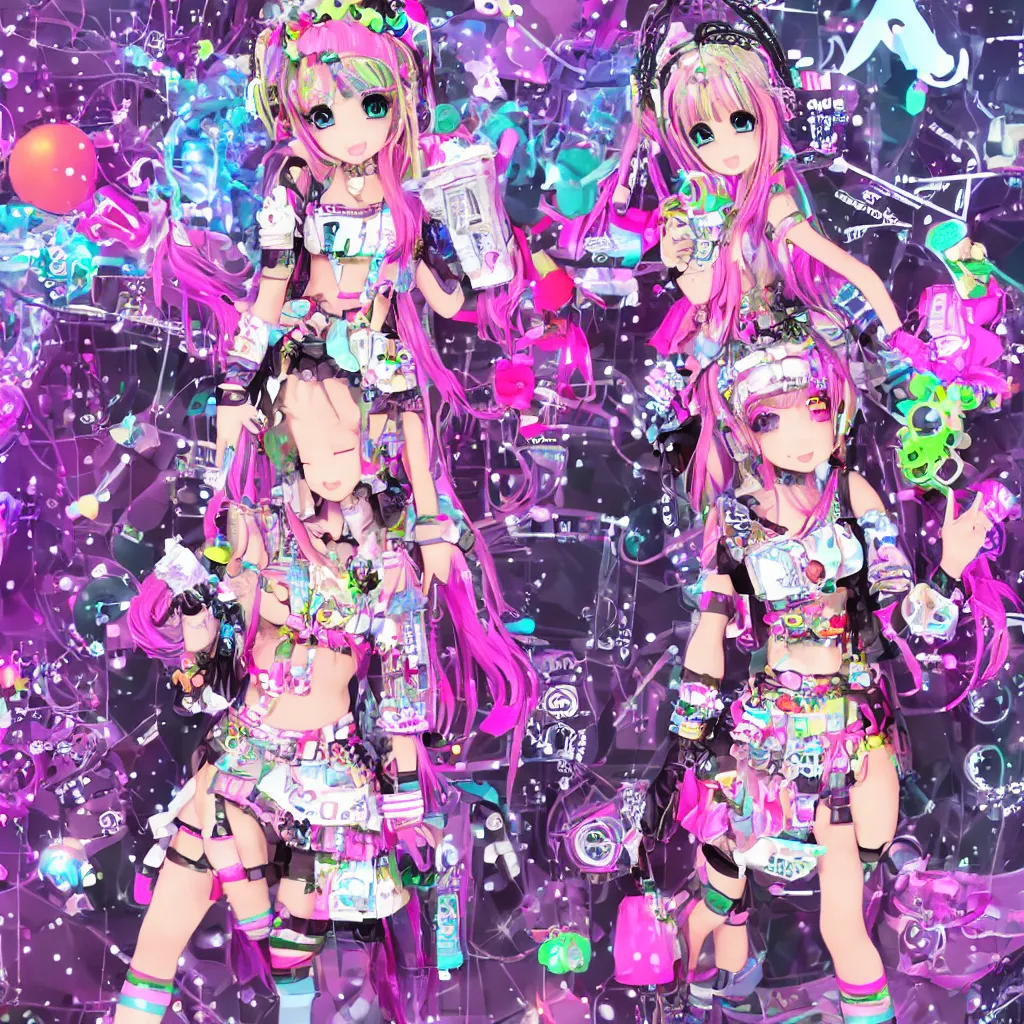 Image similar to 3 d anime render of a decora gyaru kawaii cybergoth emo fashion model vtuber, in a cyberpunk blade runner maximalist city of my melody sanrio plushies, artstation cgsociety