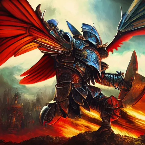 Image similar to a winged knight with epic edgy armor and weapons readying a blast of magic to destroy an entire town. 8K high resolution. Oil painting. High detail and beautiful colors.