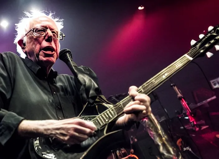 Image similar to publicity photo still of bernie sanders in a death metal band playing live on stage, 8 k, live concert lighting, mid shot